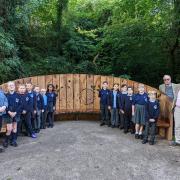 Councillors with pupils from Cogan Primary School who helped create the sculpture
