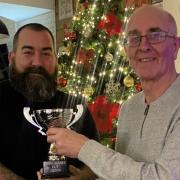 holding the cup is Captain of the Cavaliers Malcolm Griffiths (on the right) and The landlord of the Cefn Mably Gareth Rees ( on the left)