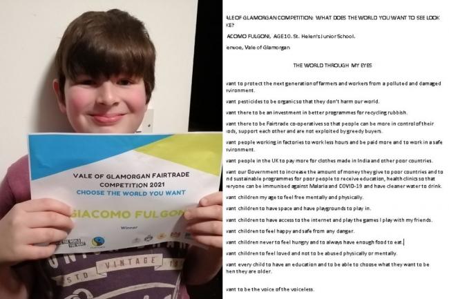 Giacomo Fuller from Barry with his certificate after winning the junior section of the Vale Fairtrade competition and his winning writing