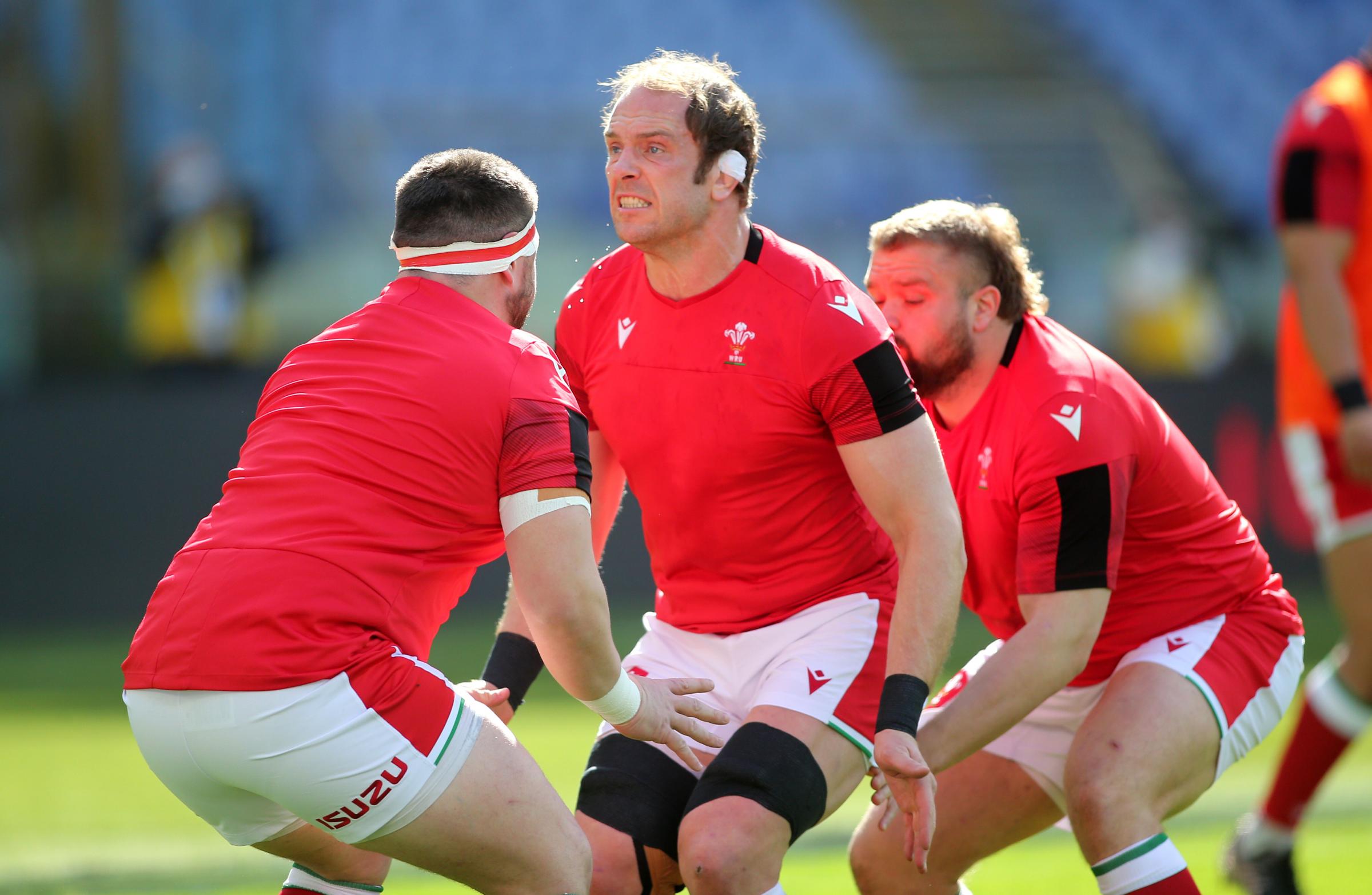 Wales Alun Wyn Jones (centre) during the warm up before the Guinness Six Nations match at Stadio Olimpico, Rome. Picture date: Saturday March 13, 2021.