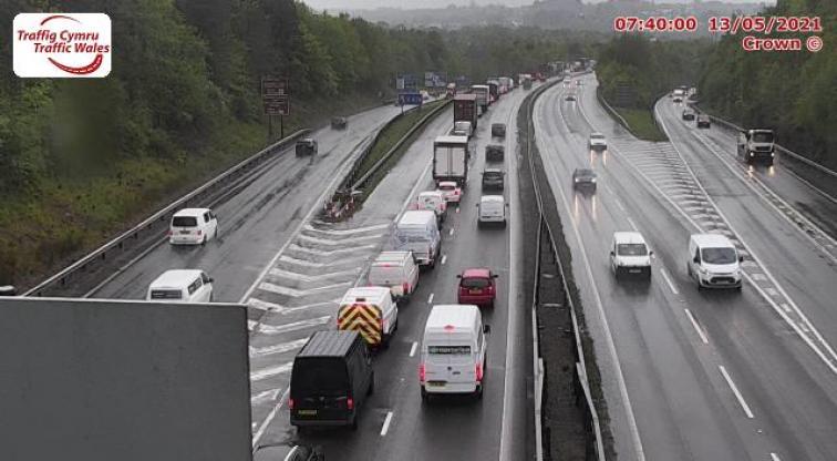 Queues on the M4 between J32 and J33 outside Cardiff. Picture: Traffic Wales.
