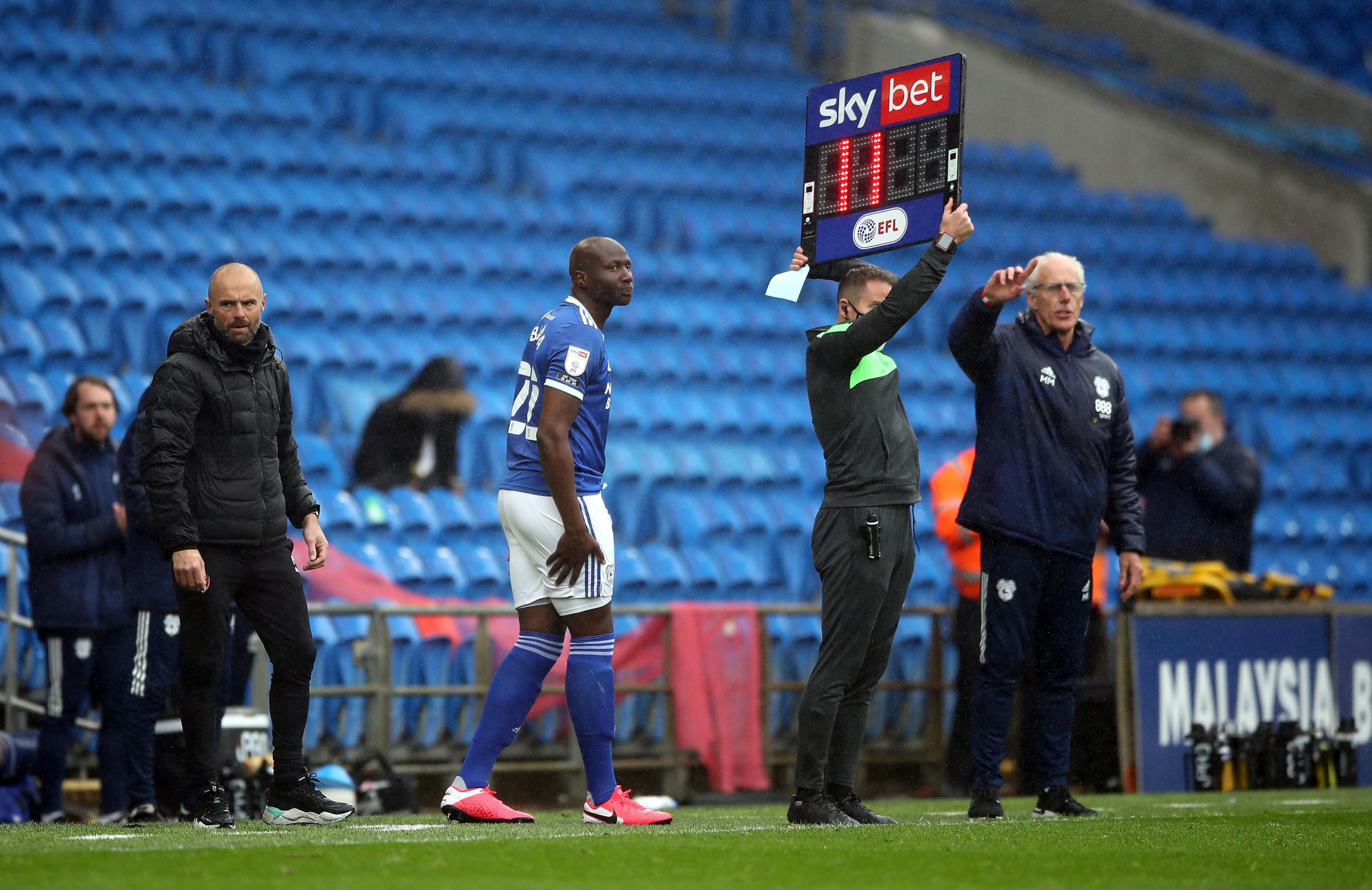 Cardiff Citys Sol Bamba is brought off the bench as he makes his return to football
