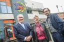 From left, Community Foundation Wales chair Alun Evans, Minister for Social Justice Jane Hutt and Newsquest regional editor for Wales, Gavin Thompson, outside Butetown Pavilion, Cardiff. Image: Michael Williams