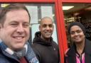 Stephen Doughty MP (L) with postmaster Sajaad Yasin and  Councillor Ruba Sivagnanam