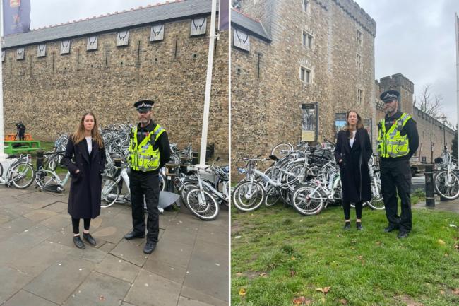 Krysia Solheim, nextbike UK MD and South Wales Police Inspector Darren Grady, with some of the vandalised nextbikes