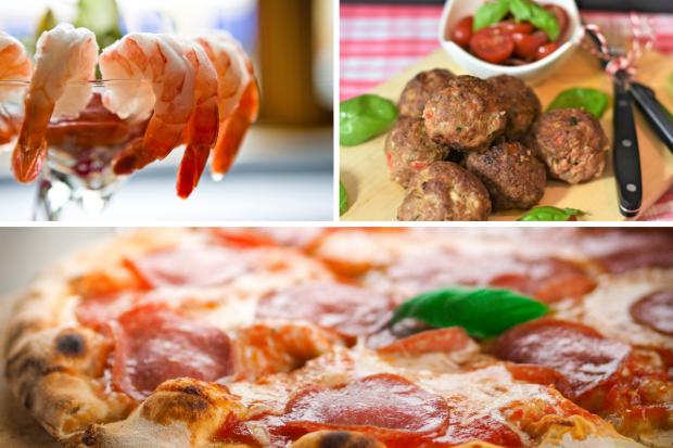 Penarth Times: (Top left clockwise) Prawn cocktail, Meatballs, Pizza. Credit: PA/Canva