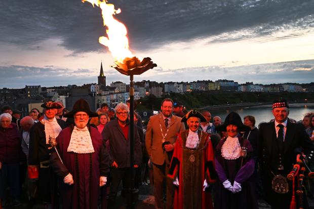 The Tenby Queen's Jubilee beacon was lit this evening on Castle Hill at 9.45pm, in front of a large crowd, by the towns Mayor Cllr Sam Skyrme-Blackhall with her mayoral party. Picture: Gareth Davies
