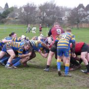 The Old Penarthians scrum applies pressure on the Ynysowen pack