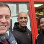 Stephen Doughty MP (L) with postmaster Sajaad Yasin and  Councillor Ruba Sivagnanam